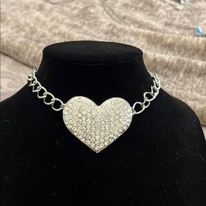 Silver Heart Pendant choker Necklace w/Rhinestones